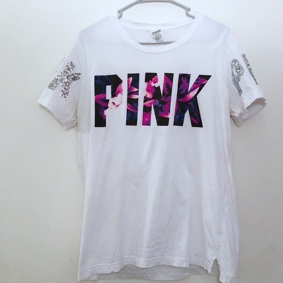 PINK Victoria's Secret Tops - Victoria’s Secret PINK Hibiscus Sequin Sleeve Tee